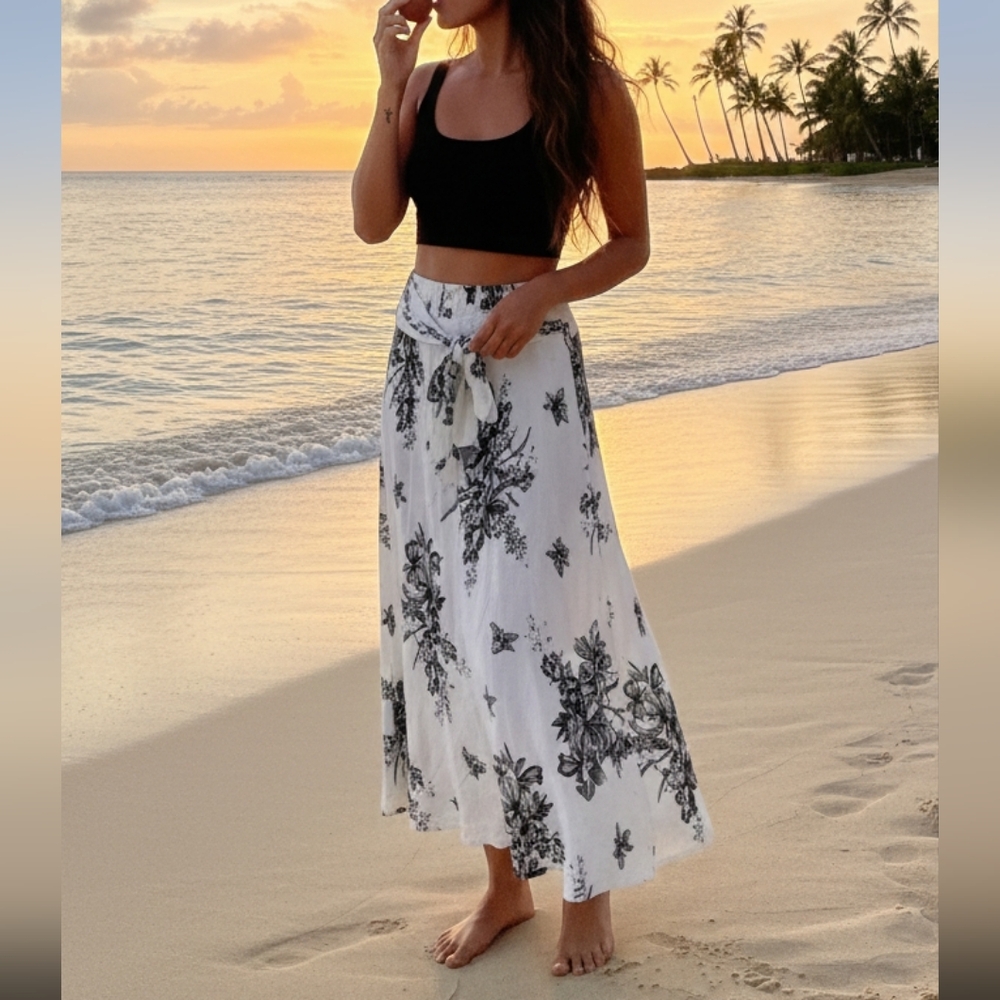 Hawaiian floral light cotton skirt maxi elastic waist Tie